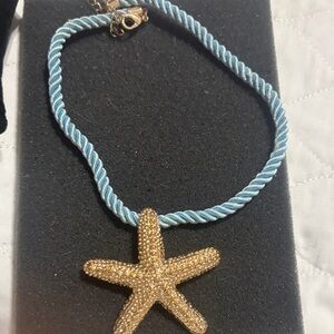 Gold Starfish Pendant on Blue Rope Necklace